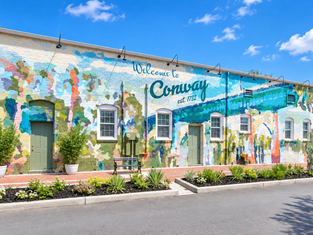 The Welcome to Conway mural on a downtown brick building