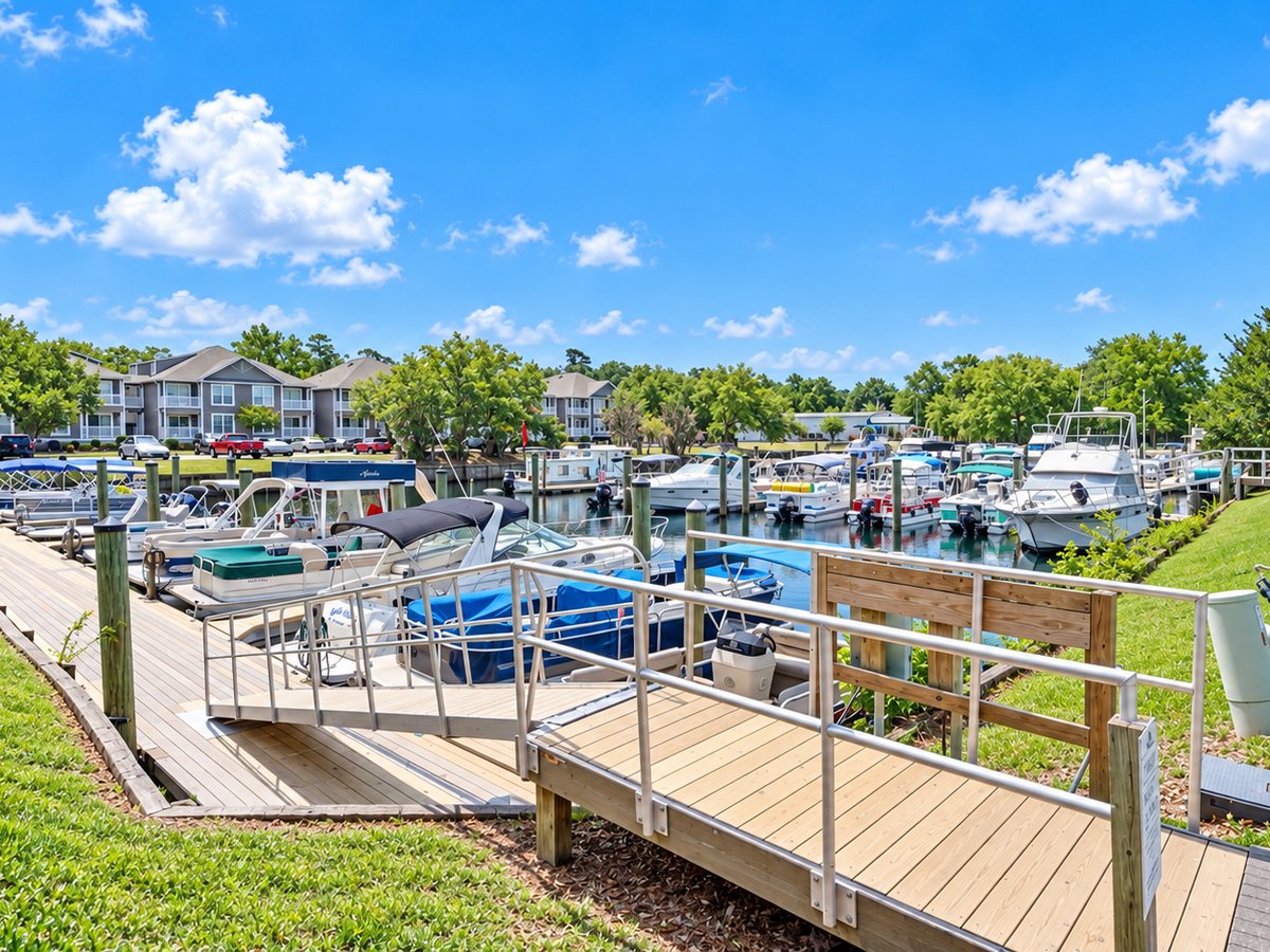 Boats docked at the marina on the Waccamaw River in Conway